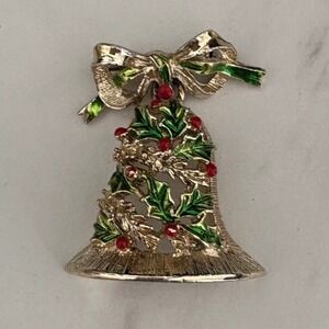 Vintage 1950's GERMANY Christmas Bell Bow Holly Red Berry Brooch Holiday Jewelry